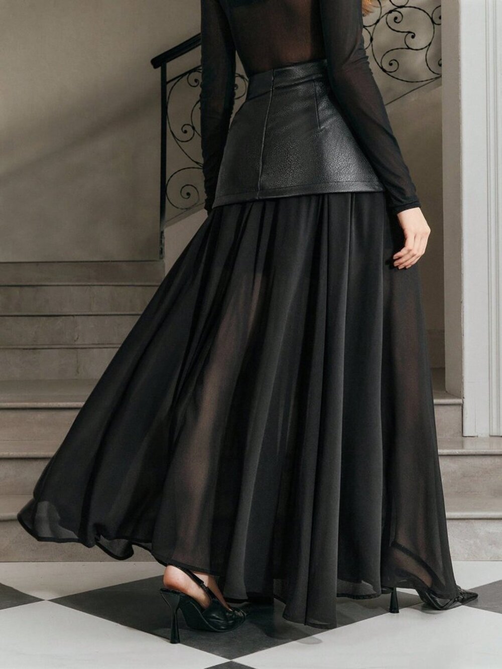Black Casual Women's High Waist Double Belt Chiffon Patchwork Long Skirt - Picture 2 of 7